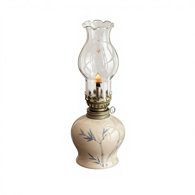 Hand-Painted Bamboo Pattern Vintage Kerosene Lamp Ceramic Butter Lamp Holder New Chinese Style Study Bedroom Night Light