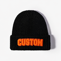 Gorro de punto grueso con puños acanalados, logotipo de parche bordado en chenilla personalizado, gorro cálido de invierno para esquí al aire libre