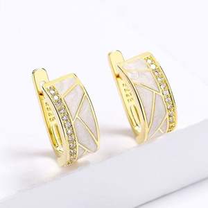 Trendy 18K Gold Plated Zircon Brass Alloy Huggie <b>Earrings</b> with Geometric Shape Handmade White Enamel for Women Party Gift - Product Image 1