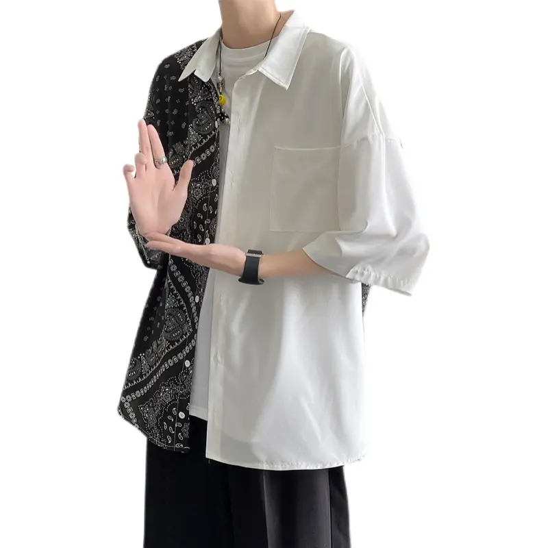 Five-point sleeve fashion shirt for men, cashew flower color matching Hong Kong style casual men's shirt, loose large size shirt