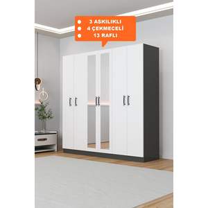 Armario Moderno de Gran Capacidad para Dormitorio, Armario con Espejo de 6 Puertas, 4 Cajones y 13 Estantes, Armario para Guardar Ropa - Product Image 6