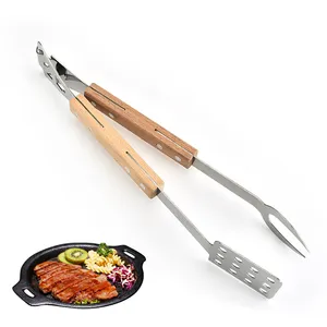 new design multifunctional wooden handle stainless steel food tongs BBQ tongs
