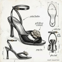 Disponible en OEM, Grande taille, Noir verni, Fleur en métal doré, Bout carré, Bride croisée à la cheville, Confort, Soutien de la voûte plantaire, Talons aiguilles, Soirée