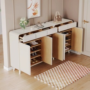 Cream White Solid Wood <b>Shoe</b> Cabinet 2 Door 3 Door Modern Minimalist Entryway <b>Storage</b> Furniture - Product Image 3