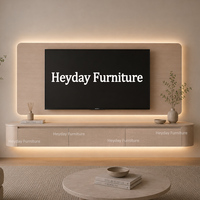 Console murale Cinewall Japandi incurvée, meuble TV flottant beige clair avec portes en relief 3D et panneau mural rétroéclairé par LED