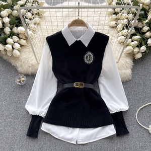 Women <strong>Ladies</strong> Fall Outfit Sleeveless Knitted <strong>Vest</strong> <strong>Long</strong> <strong>Sleeve</strong> White Shirt 2 Piece Set
