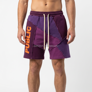 Custom Street Wear Vintage Color Blocking Men's <b>Shorts</b> OEM Casual Applique Patch Embroidery With Drawstring Acid Wash <b>Shorts</b> Men - Product Image 3