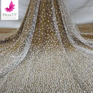 2022 branco puro branco laços rede africana lantejoulas frisado tecido de renda noiva bordado tecidos vestido brilhante hy1959
