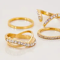 Trendiger Funkelnder Strass-Besetzter Überkreuzter Wasserdichter Hypoallergener Edelstahl Modeschmuck Ring für Tägliches Tragen