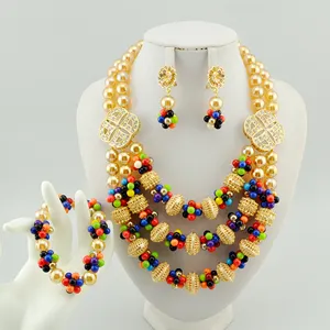 非洲珠宝珠子套装新到货金珠项链和耳环套装2019尼日利亚设计婚礼首饰