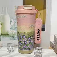 Mug à café isotherme en acier inoxydable de 500 ml (17 oz) avec couvercle hybride à bec verseur et paille, tasse de voyage isolée sous vide avec motifs vibrants