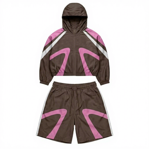 Conjunto Deportivo para Hombre con Bloques de Color, Chaqueta con Cierre y Cuello Alto, Pantalones Cortos, Transpirable, de Poliéster, para Primavera, Cortavientos - Product Image 2