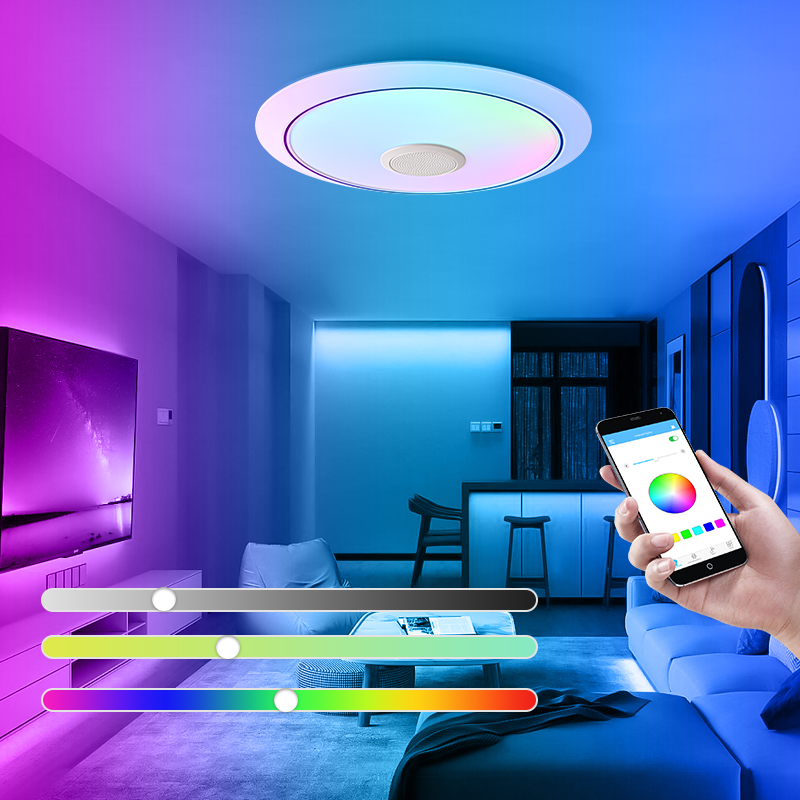 Lampu langit-langit Led musik, pengeras suara Bluetooth APP ponsel Dimmer RGB 12w 24w 36w LED lampu langit-langit