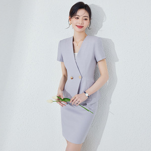 Women's Short Sleeve Suit Set Gray Wool Blend Anti-Wrinkle Office Lady Professional Workwear Spring Season Skirt Style - Product Image 1