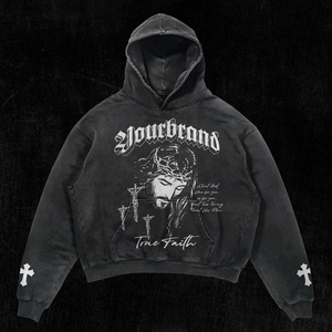 Sweat-shirt à capuche pour homme Yourbrand, noir, surdimensionné, imprimé True Faith, style gothique, en coton French Terry, streetwear d'automne, sweats à capuche pour homme - Product Image 1