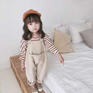 Spring Autumn Kids Girls One Piece Jumpsuit Solid Color Little Girls <b>Corduroy</b> Overalls and Striped t Shirts Sets - Product Image 2