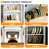 Organisateur de casseroles extensible en bambou naturel écologique avec fentes réglables pour couvercles et planches à découper pour armoire de cuisine