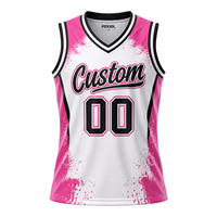Maillot de basketball personnalisé blanc et rose à effet éclaboussures, col en V, sublimation intégrale, séchage rapide, respirant, personnalisable pour clubs jeunes unisexes