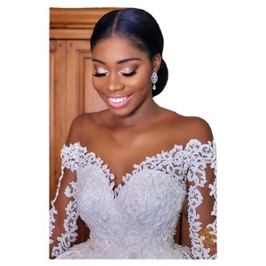 White Lace Ball Gown Wedding Dress V-Neck Long Sleeve Vintage Style With Train Natural Waistline - Product Image 5