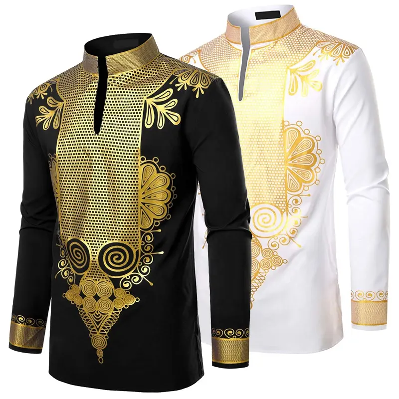 Mens African Dashiki Long Shirts Metallic Gold Print Tops Islamic Clothing Muslim Groomsmen Attire Mandarin Collar Shirt