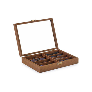 Caja de almacenamiento de gafas de madera, estuche con tapa abatible de ocho compartimentos para joyería y gafas, color nogal - Product Image 1
