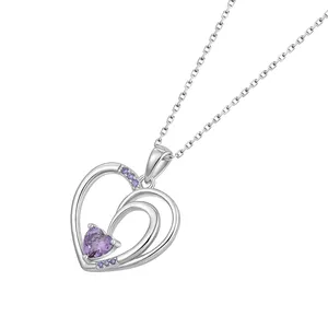 CUSTOM OEM Fine Jewelry 925 Sterling Silver Hollow Out Purple Heart Cubic Zirconia Pendant Women Necklace