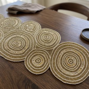 Embroidered Geometric Table <b>Runner</b> Bohemian Style Gold Beaded Pattern <b>Washable</b> Home Decor - Product Image 4