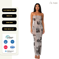 Robe longue tube imprimée journal pour femme Anjie OEM ODM, personnalisable avec étiquette privée, bustier sans bretelles, moulante, style colonne