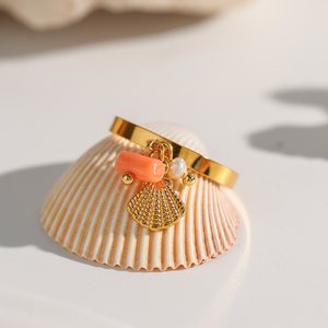 J&amp;D Ocean Dainty 18K Gold Plated <strong>Stainless</strong> <strong>Steel</strong> Open Ring Pearl Pink Coral Crystal Shell <strong>Chain</strong> for Engagement Fashion Jewelry - Product Image 6