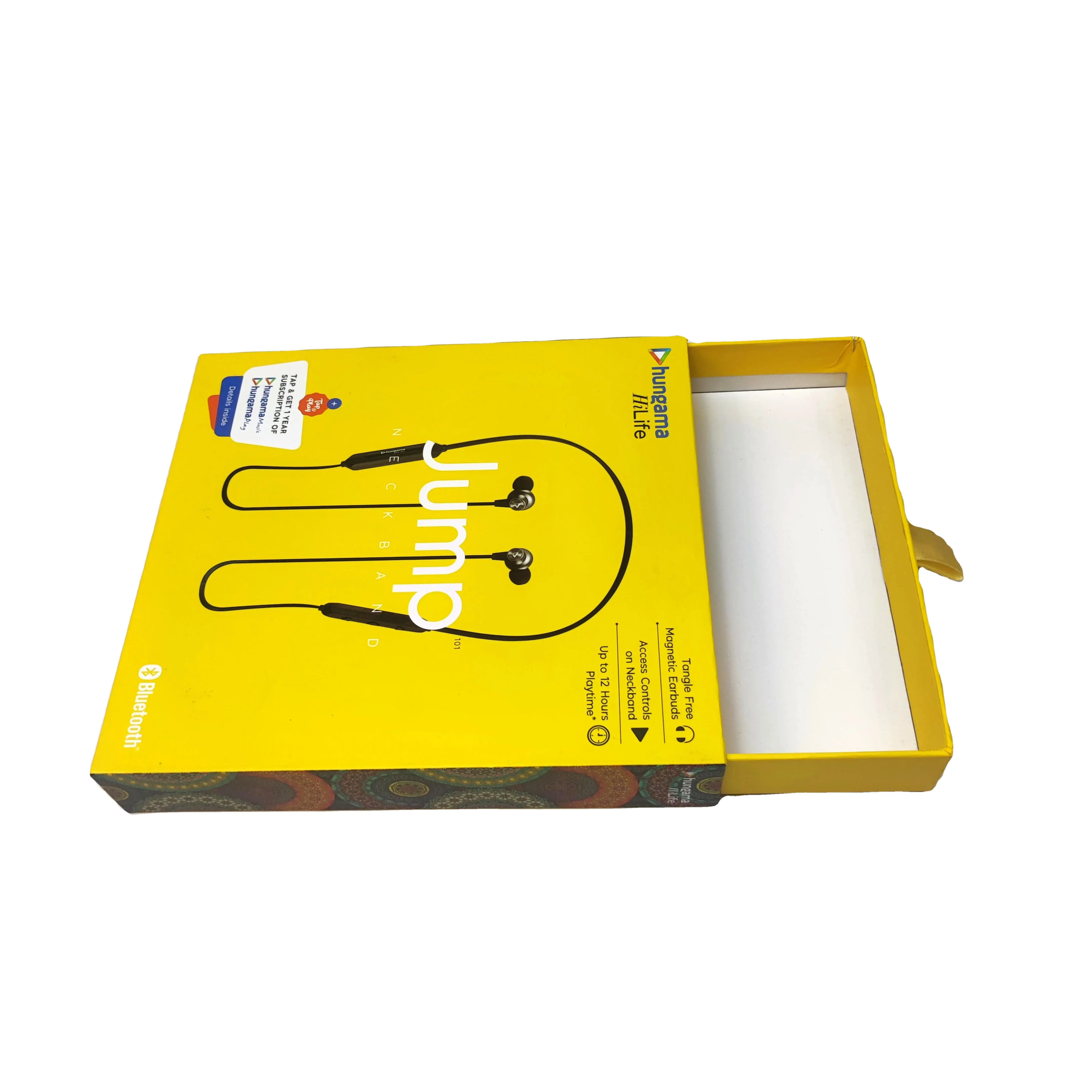 Color Printed Rigid Cardboard Sliding Drawer Box with Blister Tray for Neckband Earphone Packaging Top Bottom Box