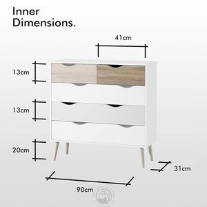<span class=keywords><strong>Commode</strong></span> à <span class=keywords><strong>5</strong></span> <span class=keywords><strong>tiroirs</strong></span> blanche et effet chêne, <span class=keywords><strong>commode</strong></span> de chambre à coucher de style <span class=keywords><strong>scandinave</strong></span>, armoire de rangement de style nordique avec pieds effilés - Product Image 6