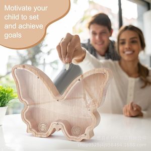 Hucha de madera para estudiantes, caja de almacenamiento de monedas y cambio, hucha de madera maciza con mariposa transparente de acrílico - Product Image 4