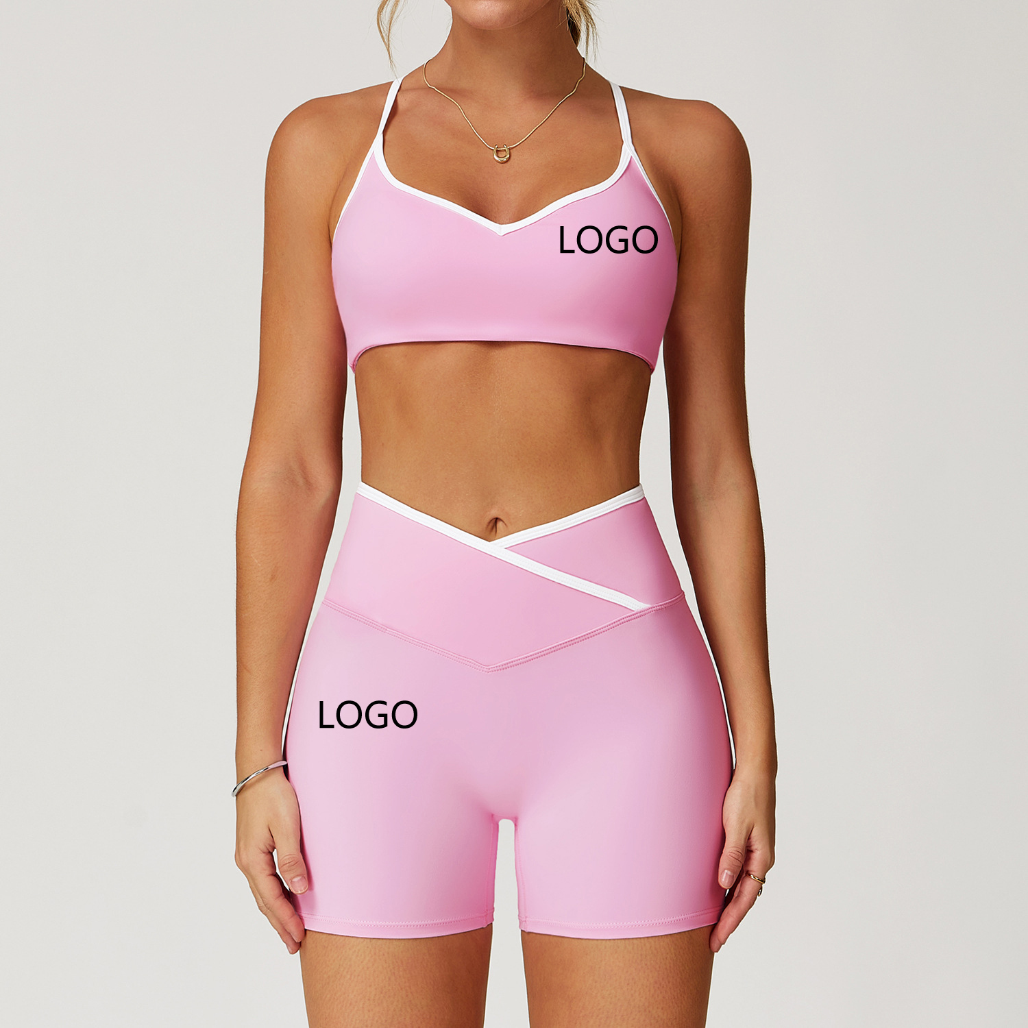 Women's Casual High Waist Cross-Over Yoga Top Knitting Fabric Contrast Collarless Above Knee Fitness and Running Suit