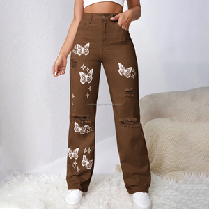 Jeans personnalisés à imprimé papillon délavé pour femmes, pantalon en denim déchiré pour femmes - Product Image 1