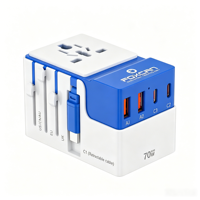 Adaptateur de voyage multi-prises Foxcan 2500W AC avec câble rétractable PD70W compatible USB pour ordinateurs portables, appareils photo, écouteurs, adaptateur d'alimentation