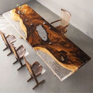 Mesa de comedor de resina epoxi transparente hecha a mano con borde natural de <span class=keywords><strong>madera</strong></span>, mesa de té de oficina con patrón de río transparente - Product Image 1