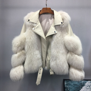 Mode vraie fourrure de renard moto cuir manteau de fourrure en peau de mouton femmes vestes et manteaux d'hiver - Product Image 3