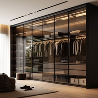 Armoire de chambre moderne autoportante avec portes vitrées, éclairage réglable et miroir pleine longueur – Conception gratuite