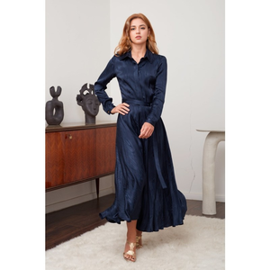 Moda nuevo satén azul <span class=keywords><strong>oscuro</strong></span> patrón <span class=keywords><strong>oscuro</strong></span> solapa botón manga larga corbata plisado hendidura vestido largo lujo elegante señoras vestidos - Product Image 4
