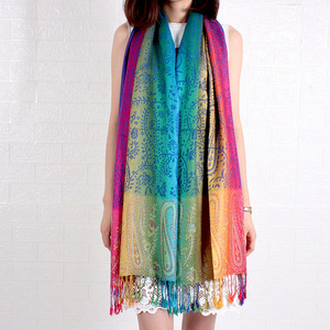 Colorful Rainbow <strong>Paisley</strong> Jacquard <strong>Pashmina</strong> Silk Feeling Women Wrap Shawl Tassels <strong>Scarves</strong> for Women for Autumn Season - Product Image 3