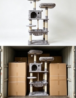 Arbre à chat double colonne avec cachette, hamac suspendu latéral, petite plateforme d'accès, plusieurs poteaux en sisal et jouet à balle
