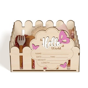 Cesto portaoggetti in legno a forma di recinzione per neonati, con stampa a farfalla, scatola vuota per dati di <span class=keywords><strong>nascita</strong></span>, decorazione da <span class=keywords><strong>tavolo</strong></span> staccabile per baby shower e cameretta - Product Image 1