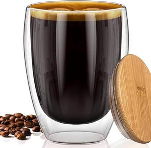 طقم أكواب شاي زجاجية مزدوجة الجدار بالجملة، أكواب قهوة زجاجية قابلة لإعادة الاستخدام مع غطاء من الخيزران، طقم قهوة وشاي - Product Image 2