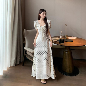French Style Ruffled Waist <b>Dress</b> With Flutter Sleeves Tie Neck Polka Dot Maxi <b>Dress</b> <b>Elastic</b> Waist Breathable Holiday - Product Image 2