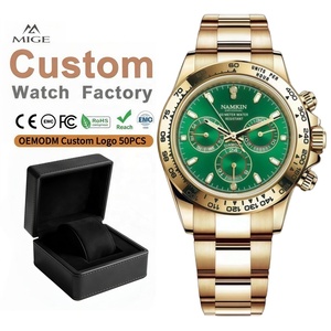 นาฬิกาโครโนกราฟผู้ชายแบบ OEM สั่งทำโลโก้ได้ ตัวเรือนสแตนเลสสีทอง สไตล์คลาสสิกหรูหรา นาฬิกาจักรกลอเนกประสงค์ หน้าปัดสีเขียว - Product Image 1
