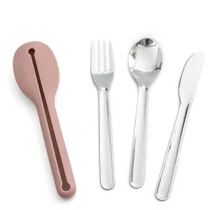 Outdoor reusable portable stainless steel metal travel cutlery set flatware utensil with silicon case for camping