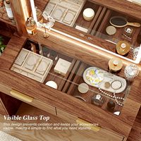 Grande table de toilette marron avec miroir LED, station de charge, armoire de rangement latérale et tiroirs, bureau de maquillage pour chambre à coucher