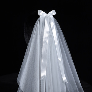 Court papillon arc ruban ceinture voile avec pince à <span class=keywords><strong>cheveux</strong></span> style simple <span class=keywords><strong>mariage</strong></span> voile mariée accessoires casque - Product Image 3
