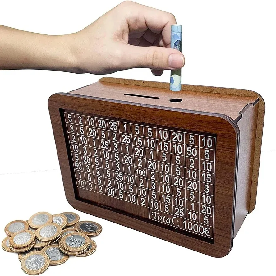 Retro-Geldbox aus Holz mit Zahlen wiederverwendbare Geldbox mit Sparziel Holz-Geldbank