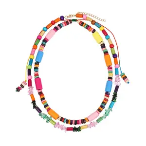 minority style hand weaving double layer colorful wooden beaded necklace multi-wearing clavicle chain necklace vacation jewelry
